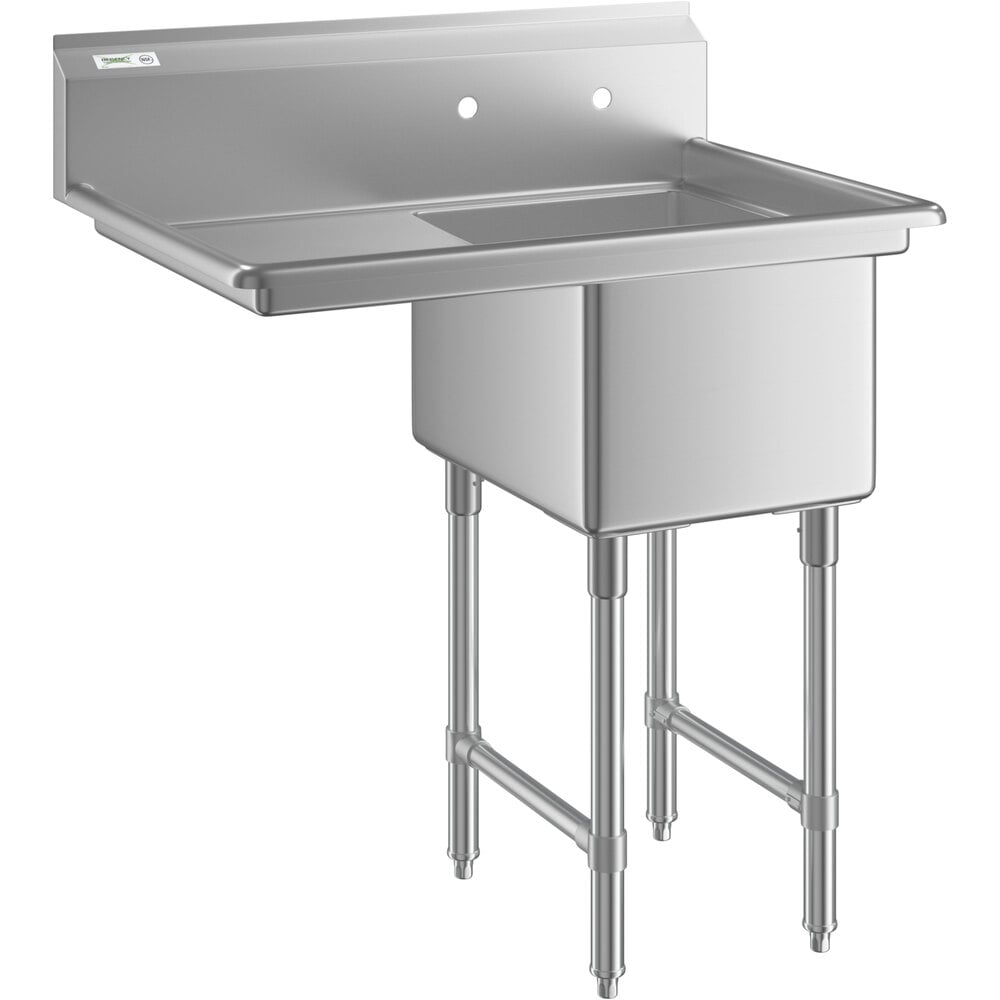Regency 36 1/2 inch 16 Gauge Stainless Steel One Compartment Commercial Sink with Stainless Steel Legs, Cross Bracing, and 1 Drainboard - 16 inch x 20 inch x 12 inch Bowl - Left Drainboard