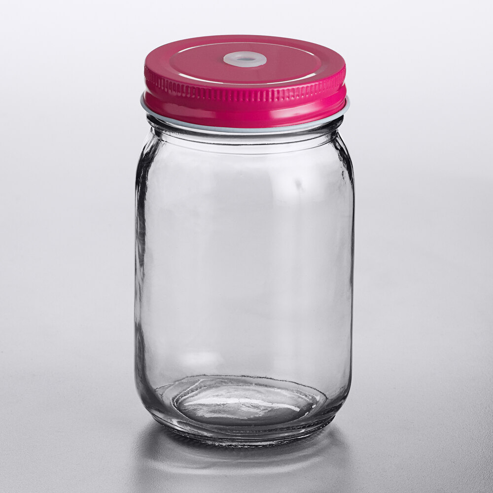 Acopa Rustic Charm 16 oz. Drinking Jar with Handle and Pink Metal Lid with  Straw Hole - 12/Case