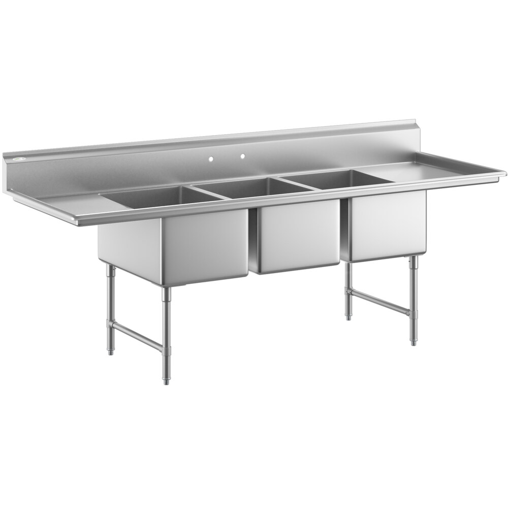 Regency 104 inch 16 Gauge Stainless Steel Three Compartment Commercial Sink with Stainless Steel Legs, Cross Bracing, and 2 Drainboards - 20 inch x 30 inch x 14 inch Bowls