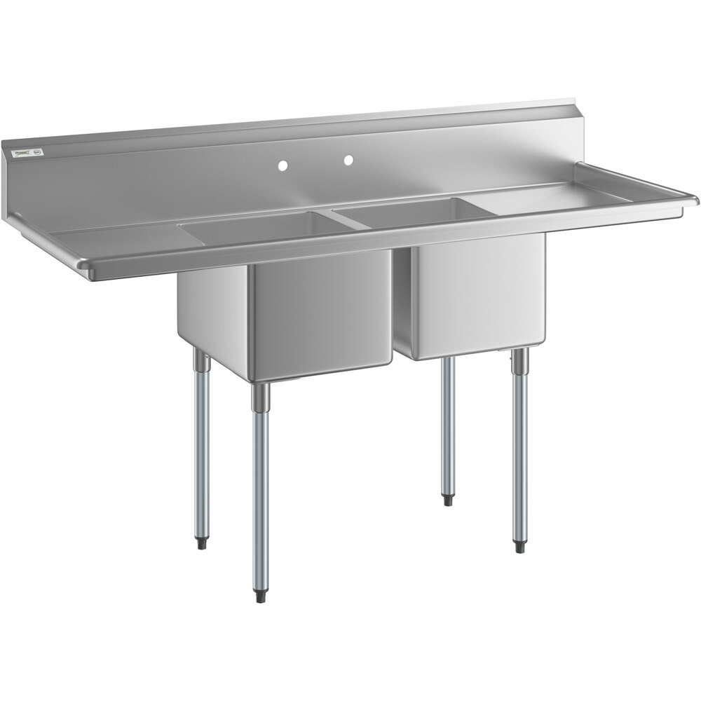 Regency 70 inch 16 Gauge Stainless Steel Two Compartment Commercial Sink with Galvanized Steel Legs and 2 Drainboards - 16 inch x 20 inch x 12 inch Bowls