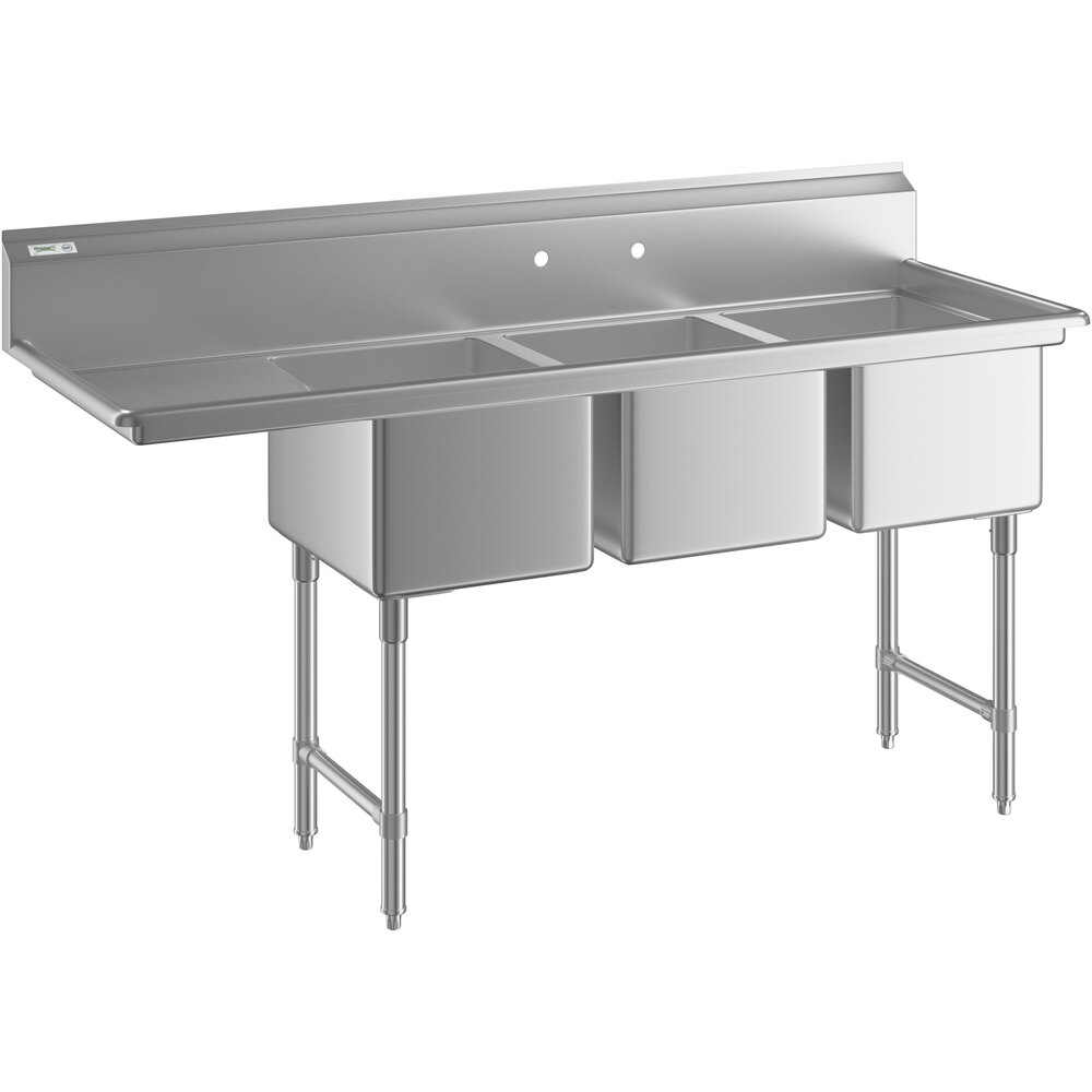 Regency 72 1/2 inch 16 Gauge Stainless Steel Three Compartment Commercial Sink with Stainless Steel Legs, Cross Bracing, and 1 Drainboard - 16 inch x 20 inch x 12 inch Bowls - Left Drainboard