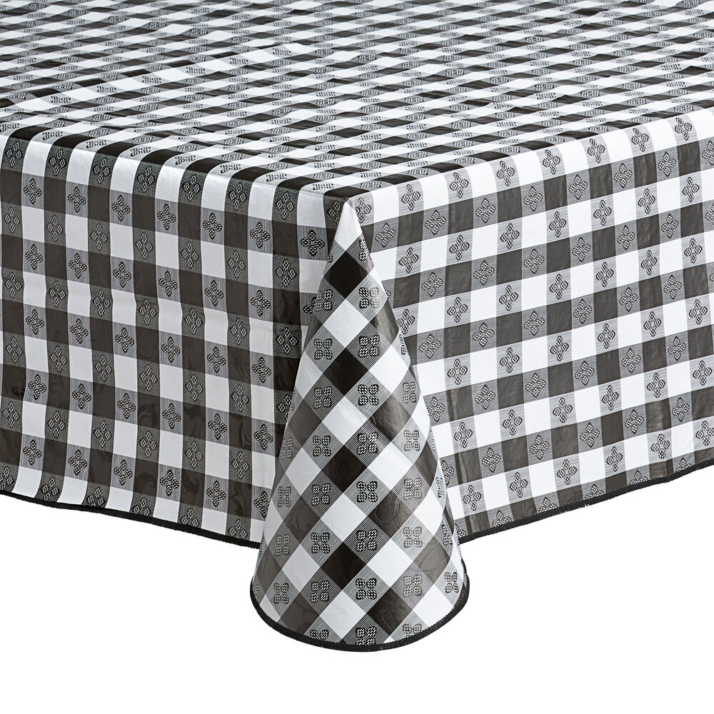 Choice 52" x 52" Black Textured Gingham Vinyl Table Cover with Flannel Back