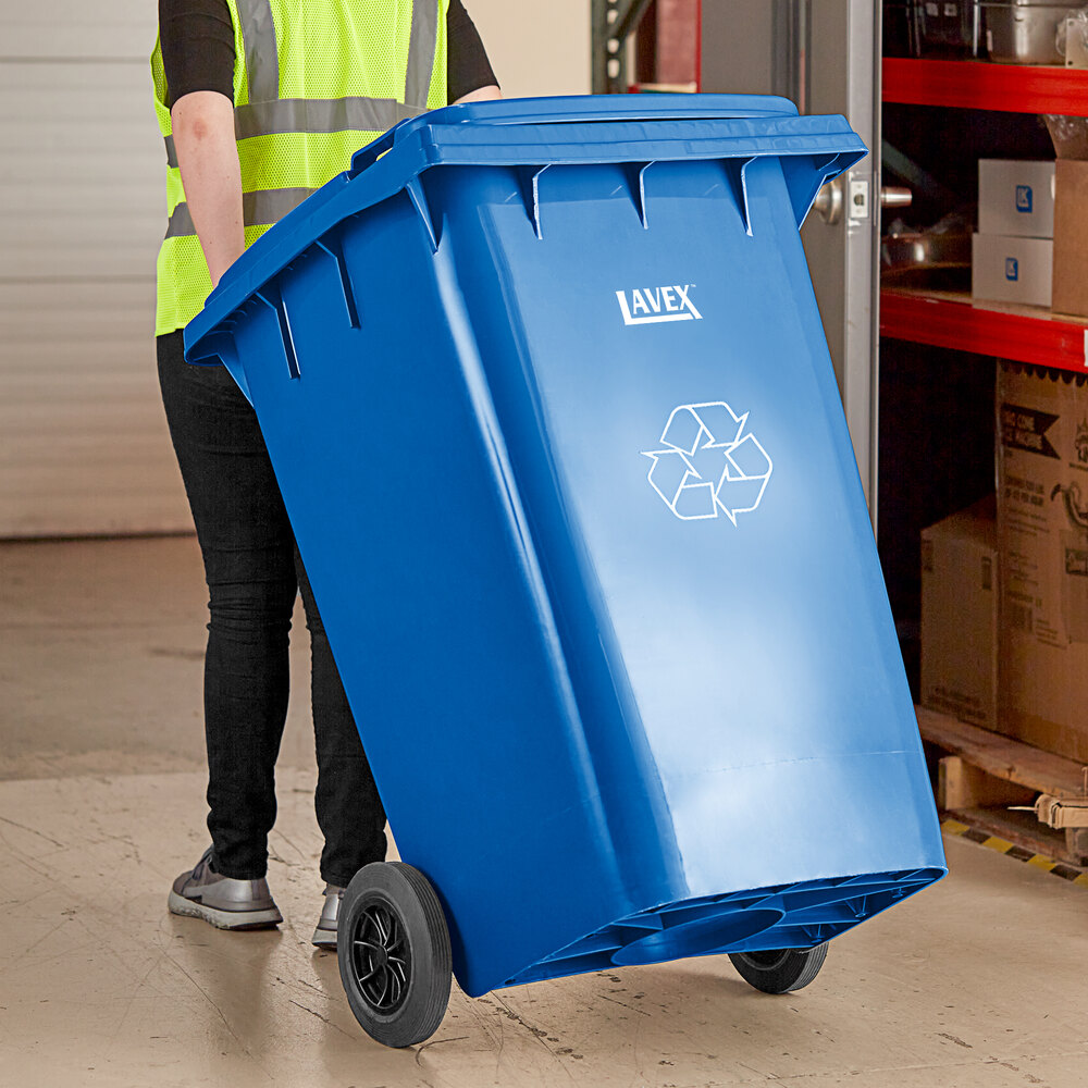 95 Gallon Blue Wheeled Rectangular Recycle Bin with Lid