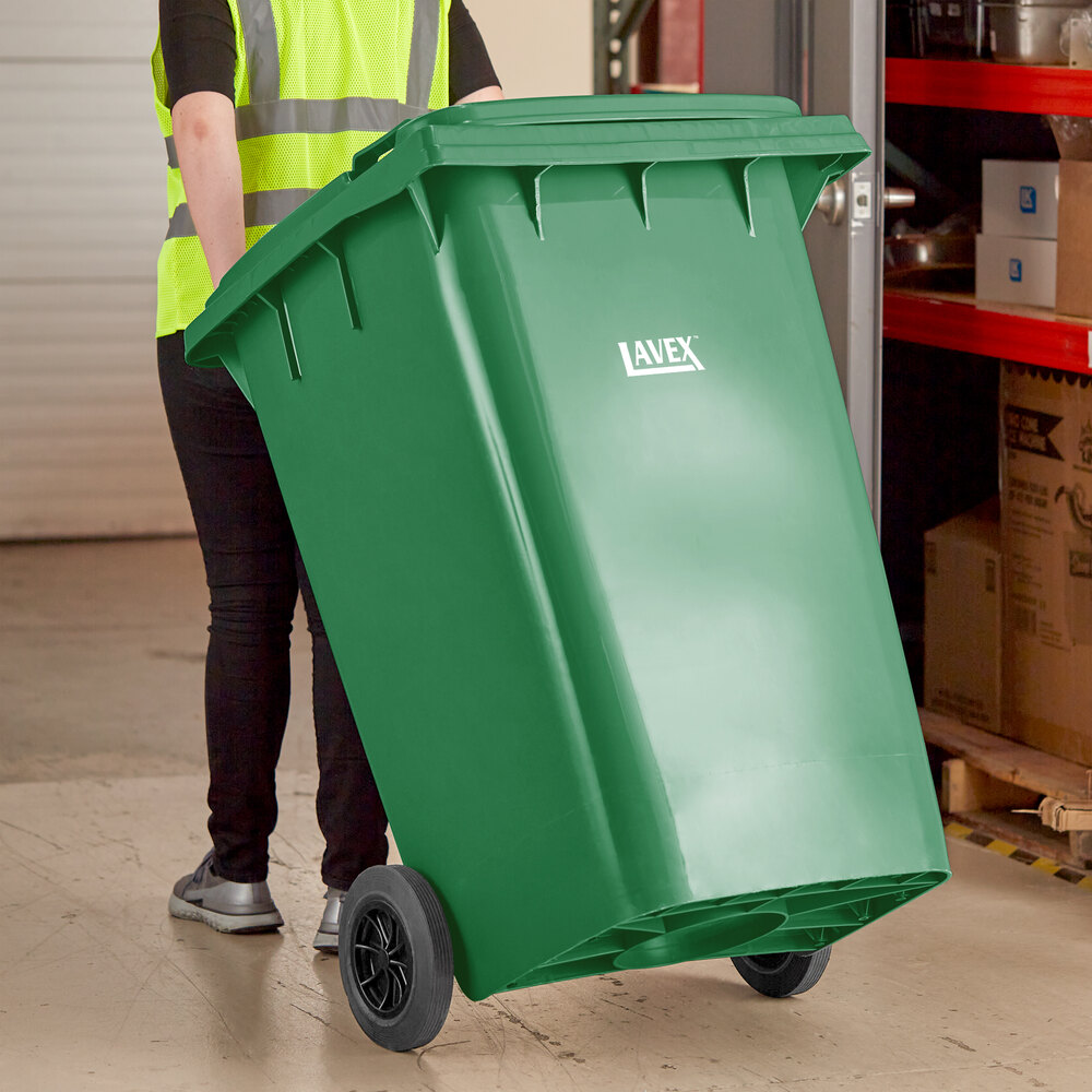 95 Gallon Green Wheeled Rectangular Trash Can with Lid