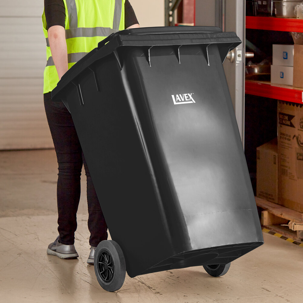 95 Gallon Black Wheeled Rectangular Trash Can with Lid