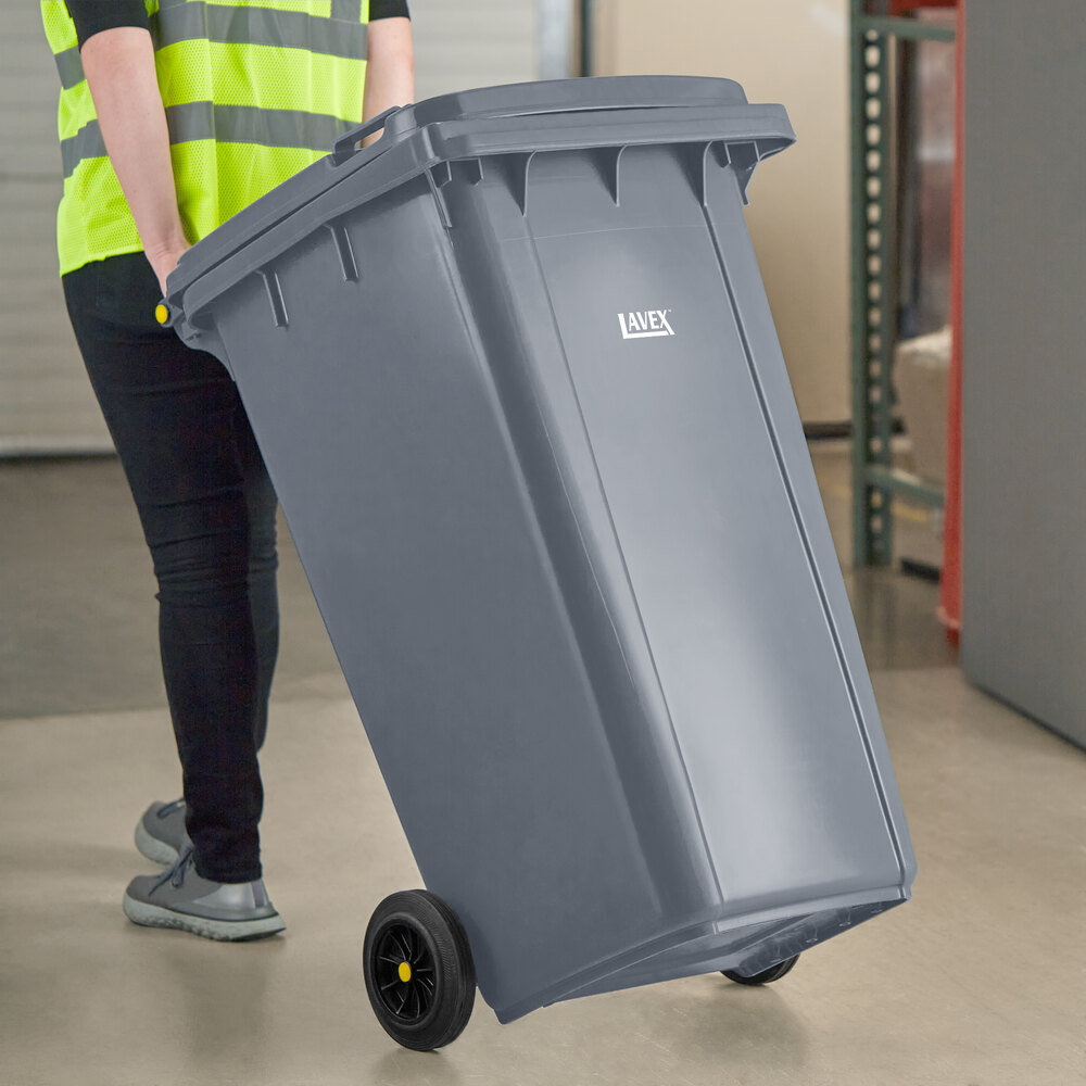 64 Gallon Gray Wheeled Rectangular Trash Can with Lid