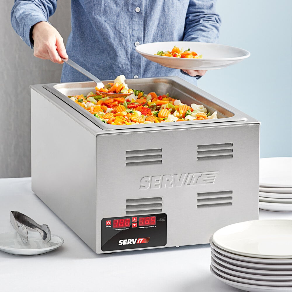 ServIt Twin Well 7.5 Qt. Countertop Food Warmer with Digital Controls, 2  Insets, 2 Covers, and 2 Ladles - 120V, 1500W