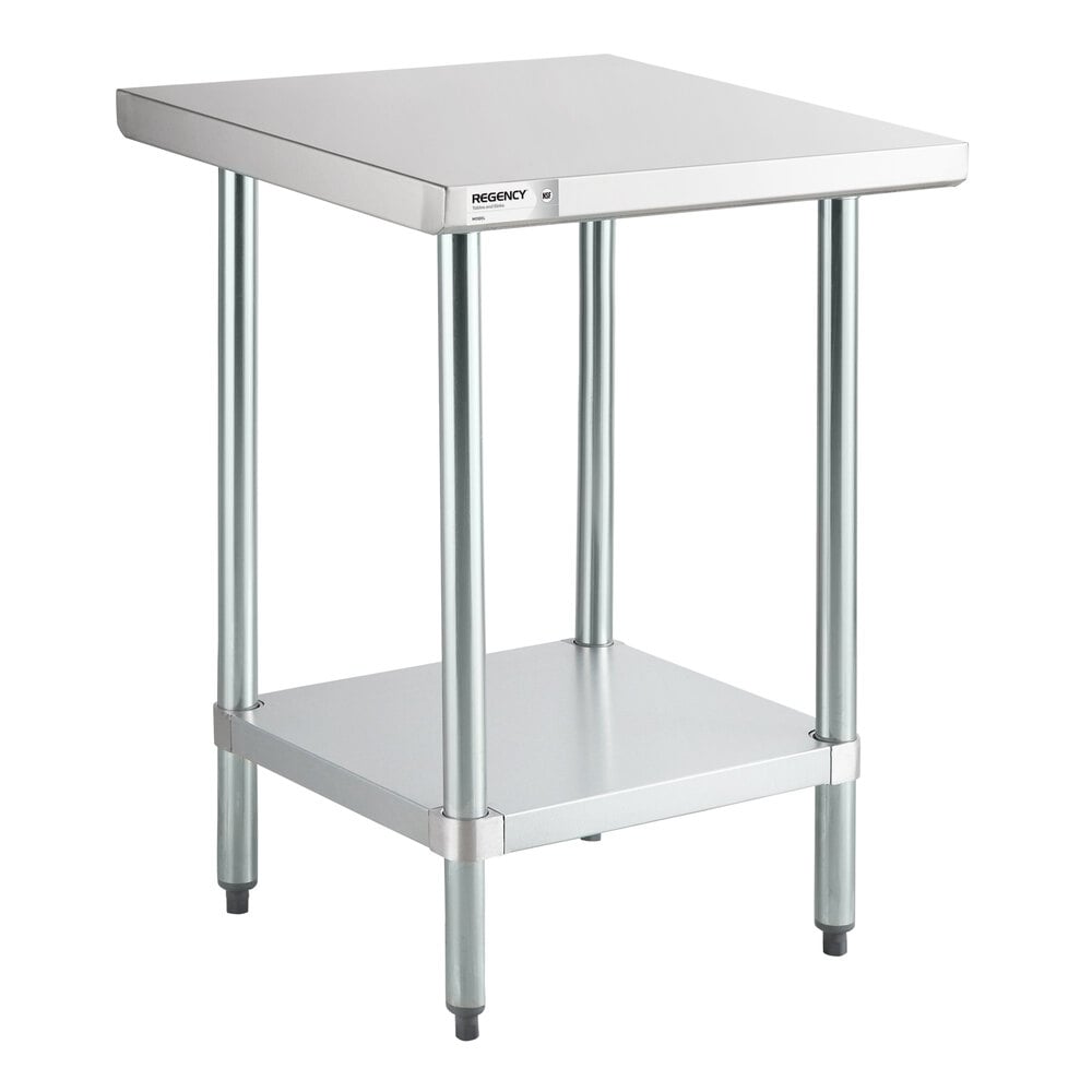 A square stainless steel work table with four metal legs and an undershelf.
