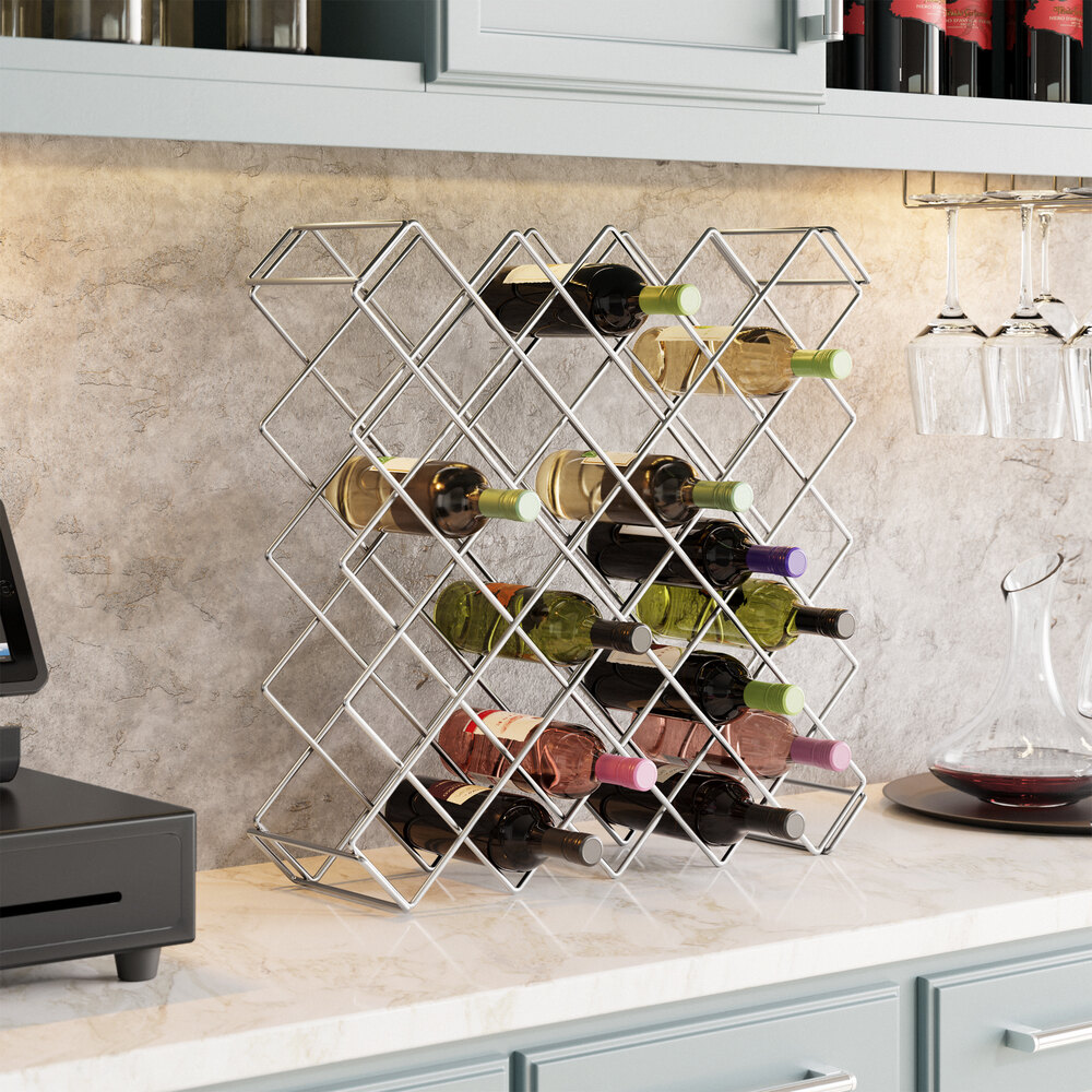 A chromate finish wire wine rack module designed to hold up to 45 bottles.
