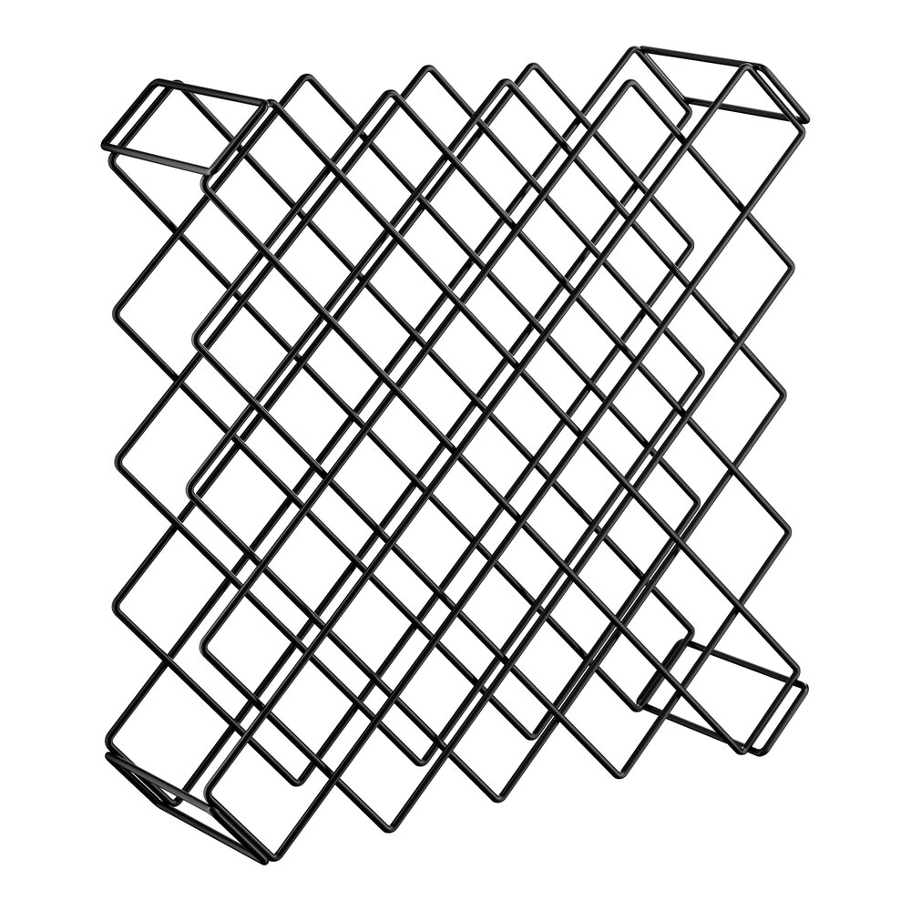 A black wire wine rack module designed to hold up to 45 bottles.