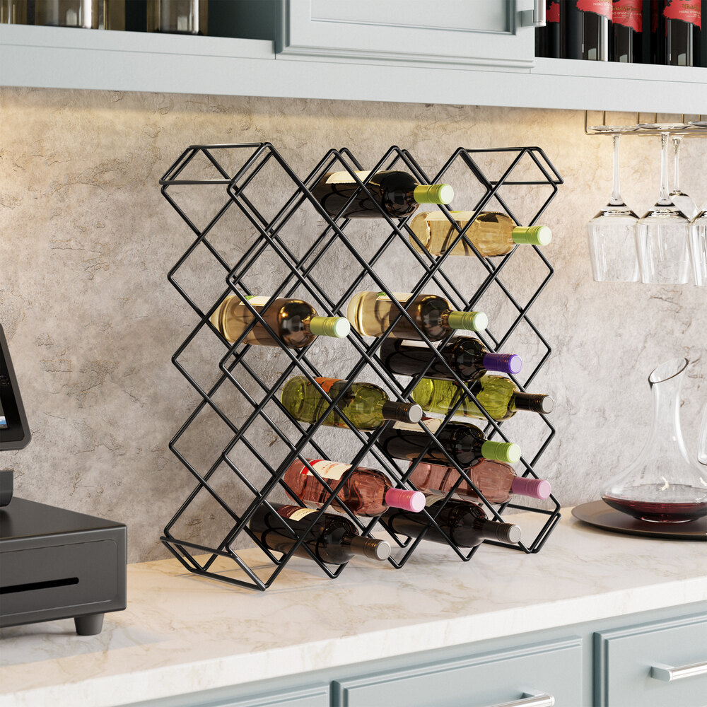 A black wire wine rack module designed to hold up to 45 bottles.
