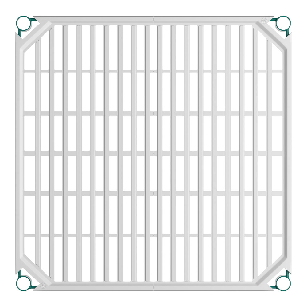 A square white grid-like shelf with a polymer drop mat and green circular clips at each corner.