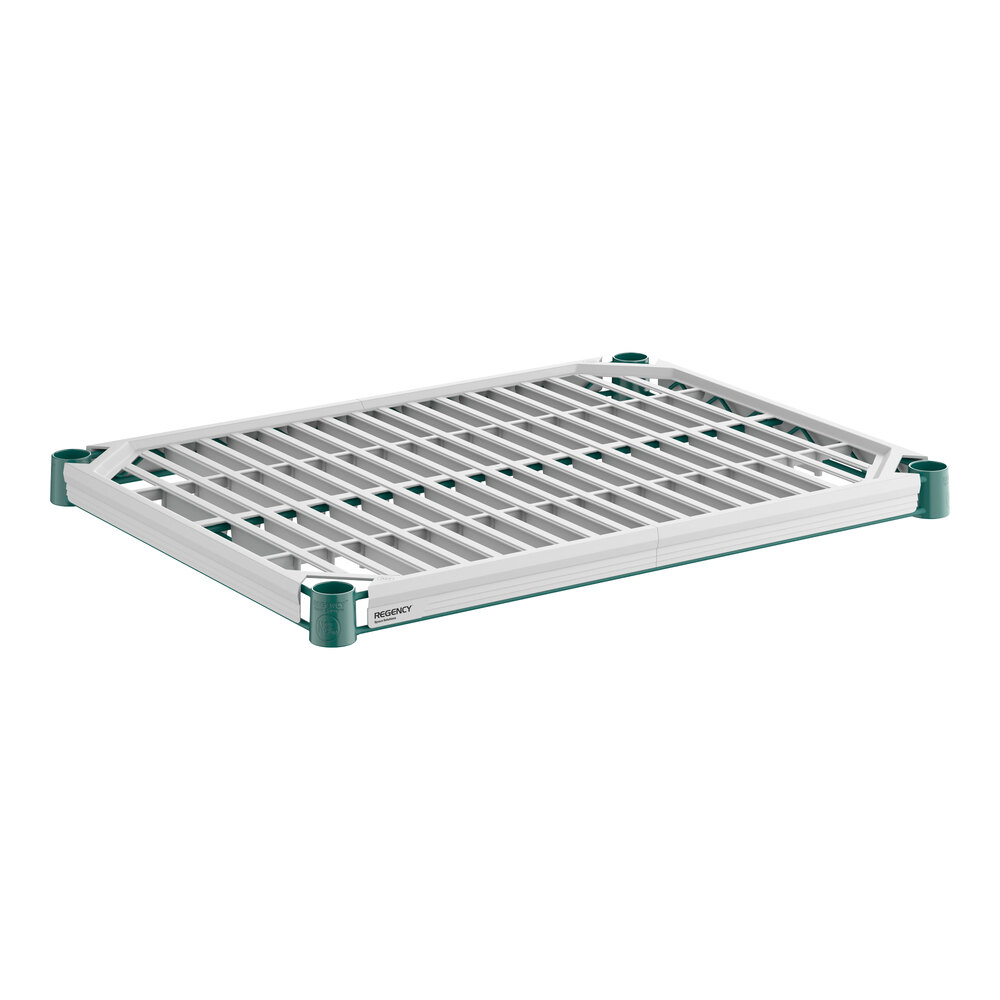 A rectangular, white and green slatted shelf with a grid pattern and reinforced corners.