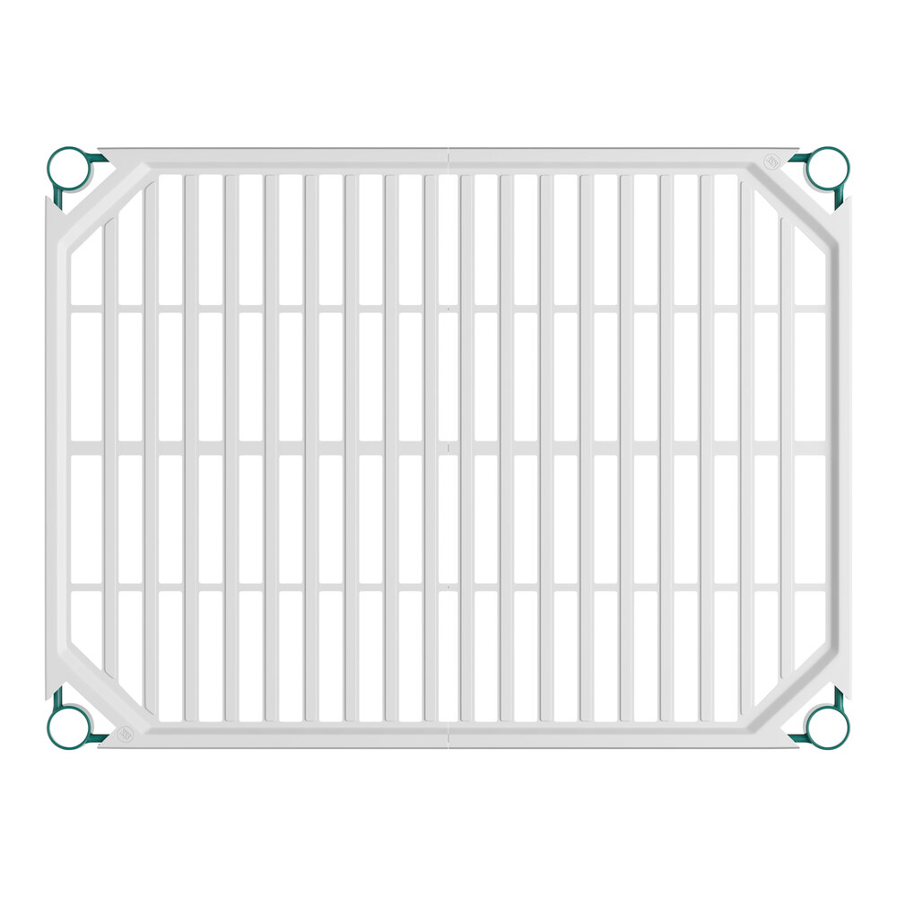 A rectangular white grid-like shelf with green corner attachments, viewed from above.