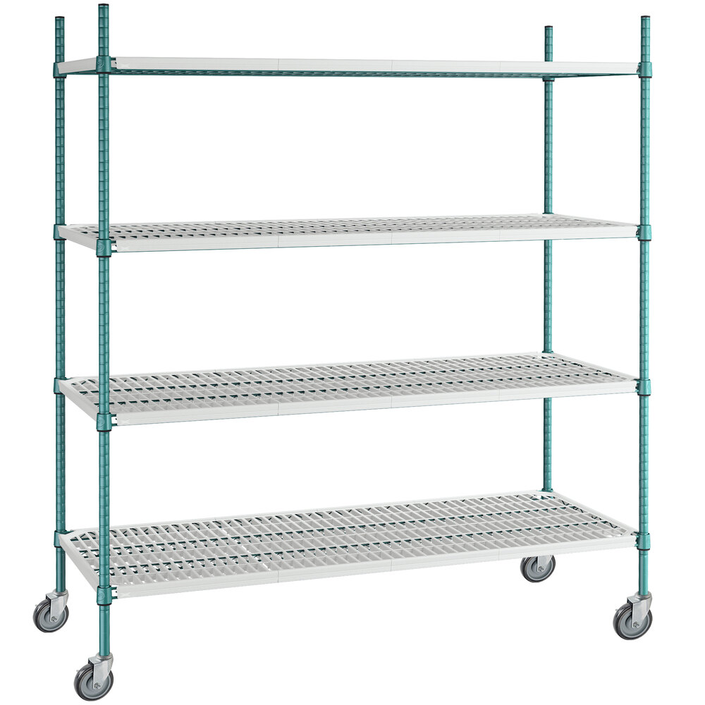 Regency+ 24 inch x 60 inch Green Epoxy Polymer Drop Mat 4-Shelf Kit with 64 inch Posts and Casters