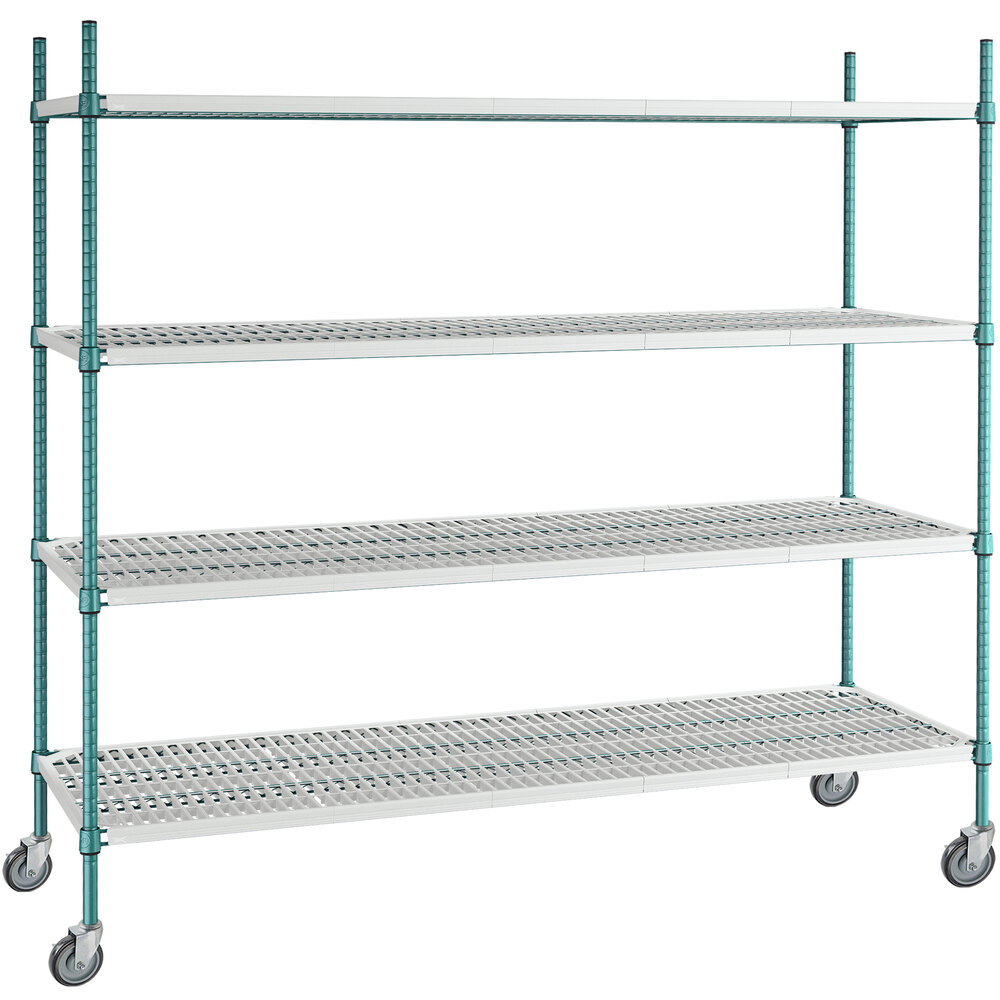 Regency+ 24 inch x 72 inch Green Epoxy Polymer Drop Mat 4-Shelf Kit with 64 inch Posts and Casters