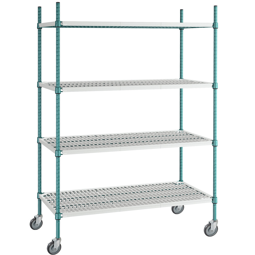 Regency+ 24 inch x 48 inch Green Epoxy Polymer Drop Mat 4-Shelf Kit with 64 inch Posts and Casters