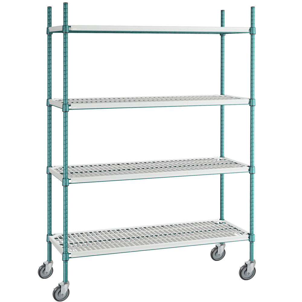 Regency+ 18 inch x 48 inch Green Epoxy Polymer Drop Mat 4-Shelf Kit with 64 inch Posts and Casters