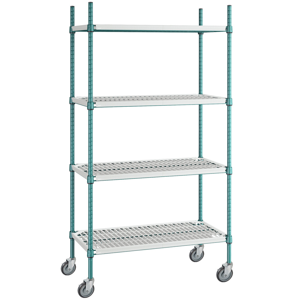 Regency+ 18 inch x 36 inch Green Epoxy Polymer Drop Mat 4-Shelf Kit with 64 inch Posts and Casters