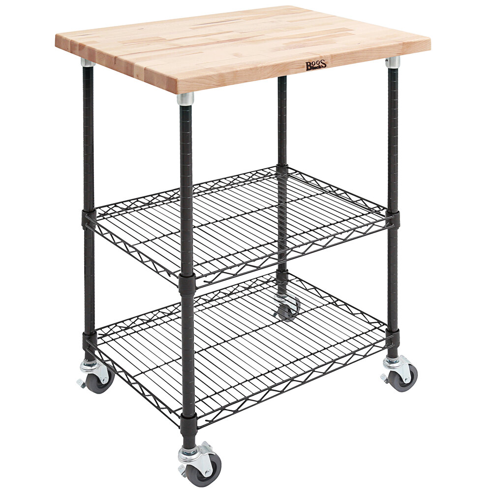 Two Shelf Black Wire Utility Cart, Butcher Block Top For Wire Shelving