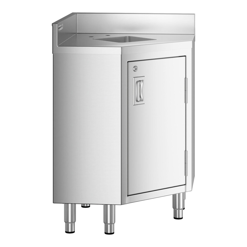 A stainless steel corner work table with a sink and a hinged door.