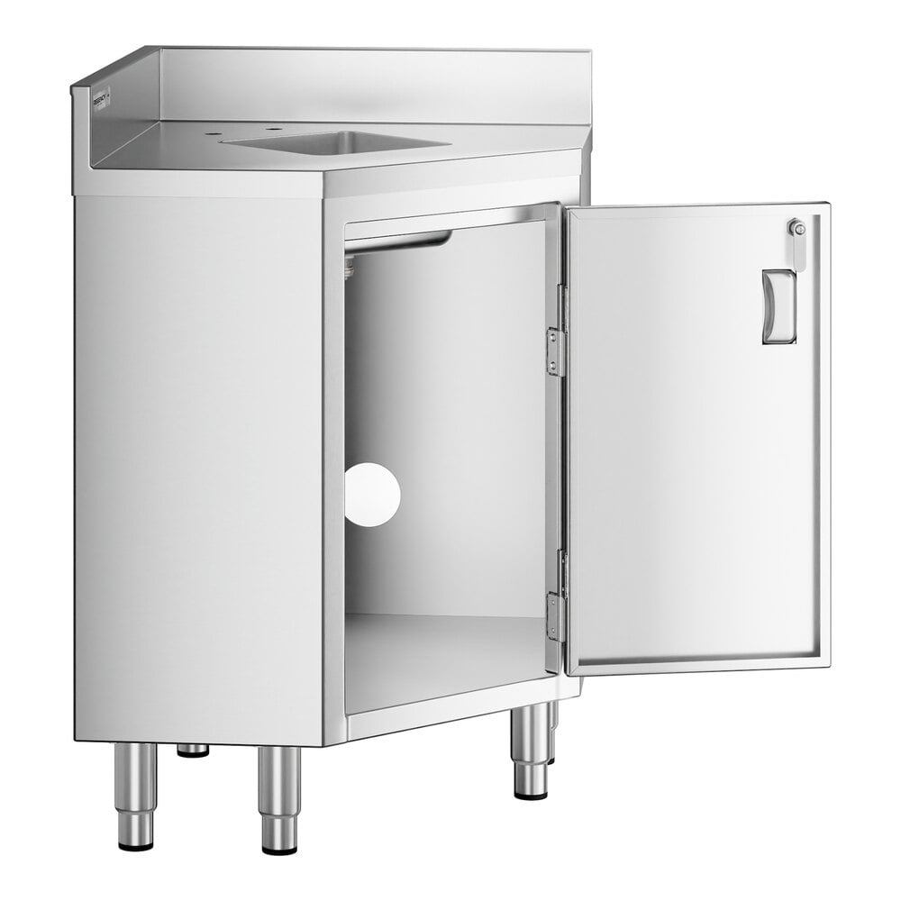 A stainless steel Regency corner work table with a sink and a door open.