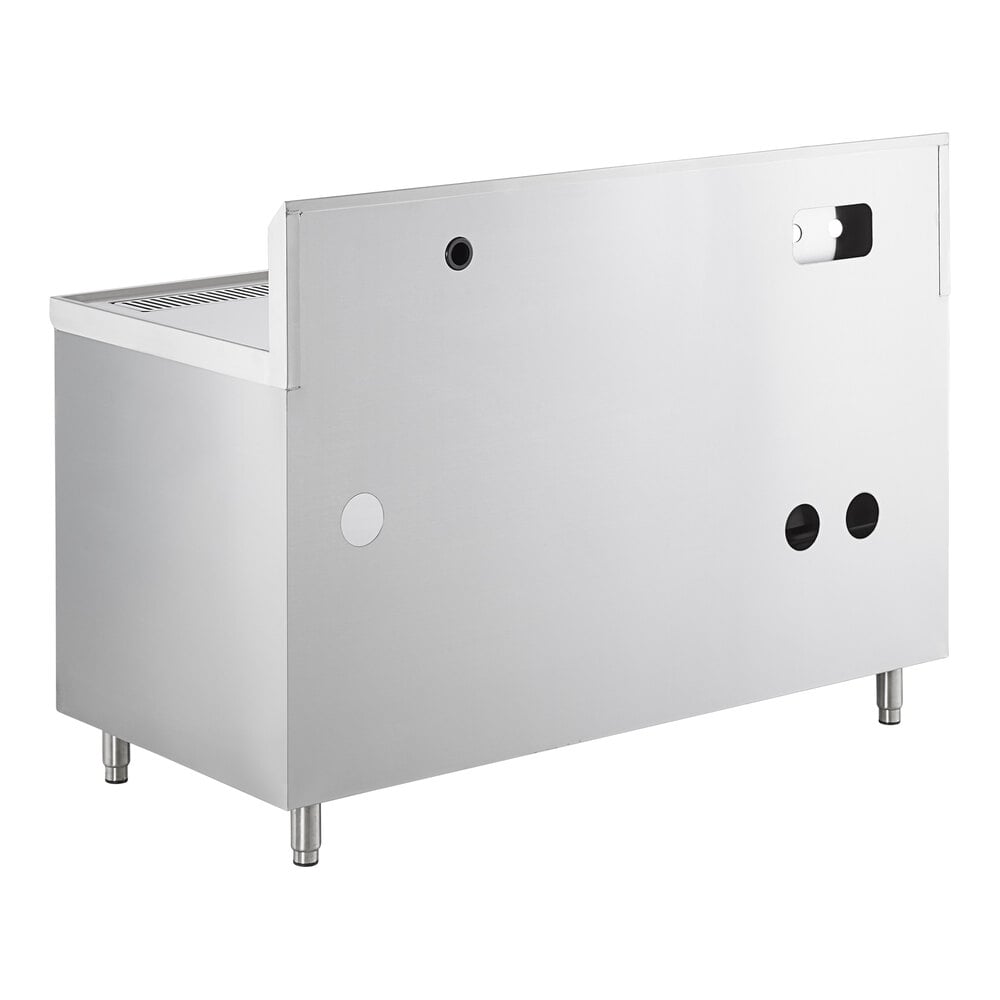 A Regency stainless steel beverage table counter with a rectangular white sink on the left.