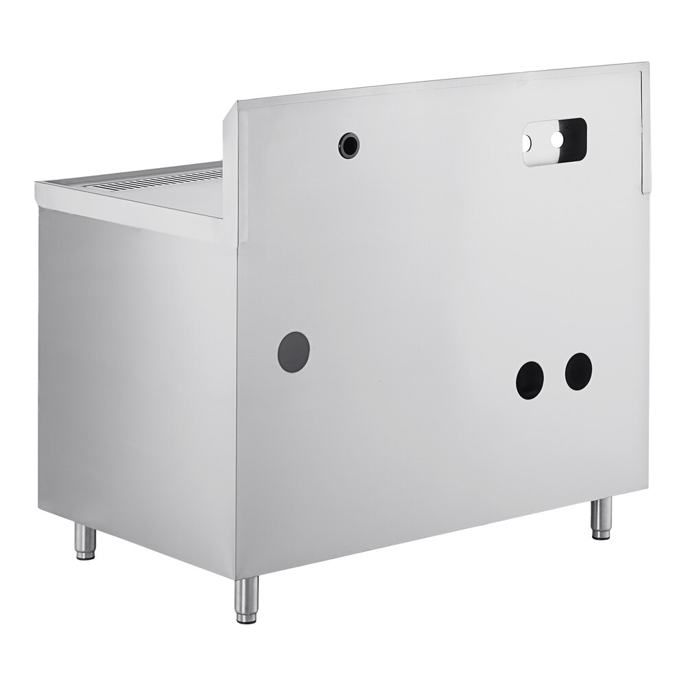 A white rectangular stainless steel beverage table with a left sink and two holes in it.
