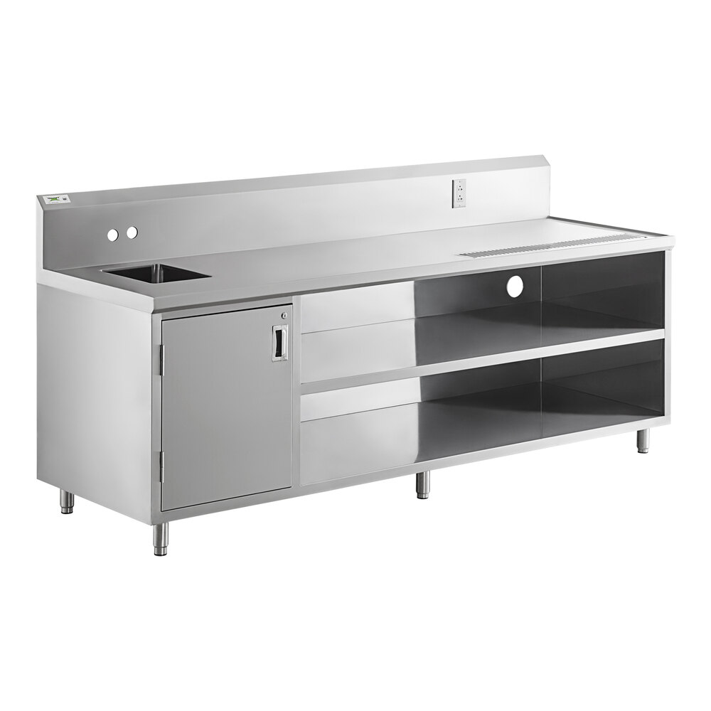 A Regency stainless steel beverage table with a left sink.