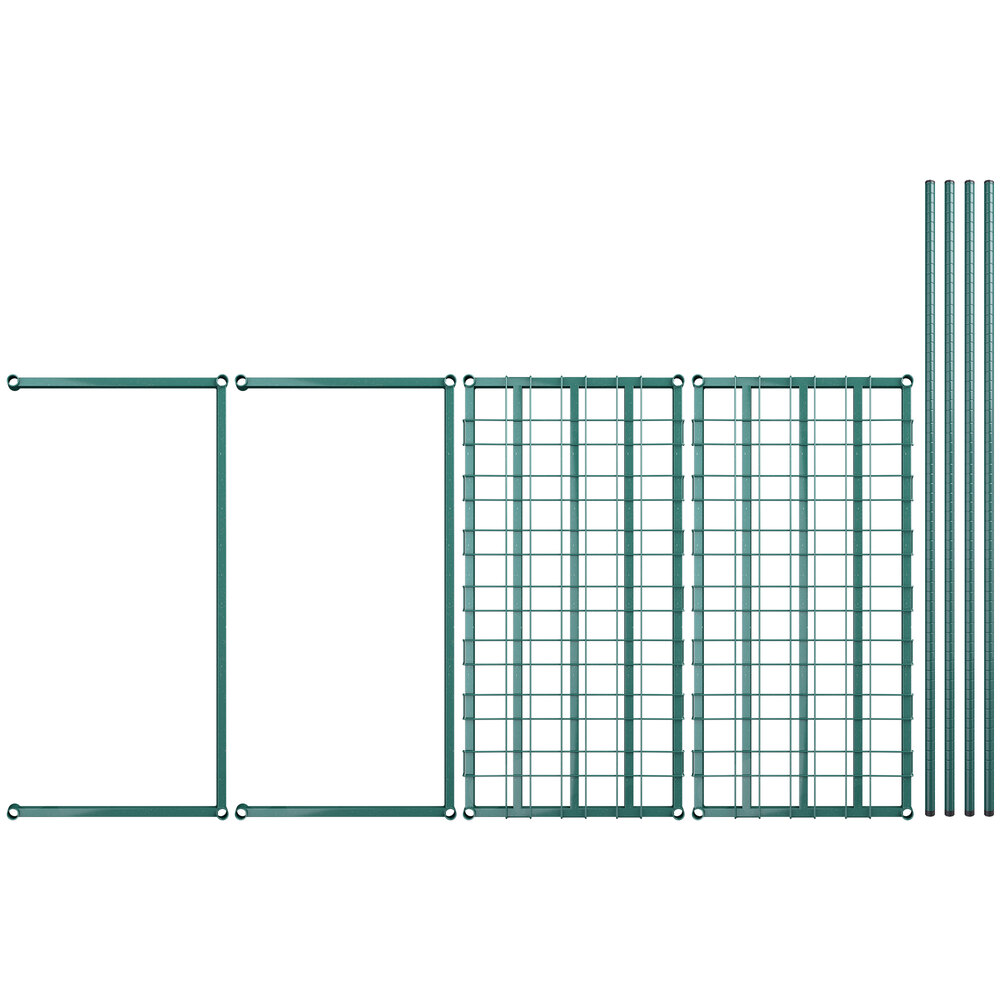 A green metal frame with metal grids and bars.
