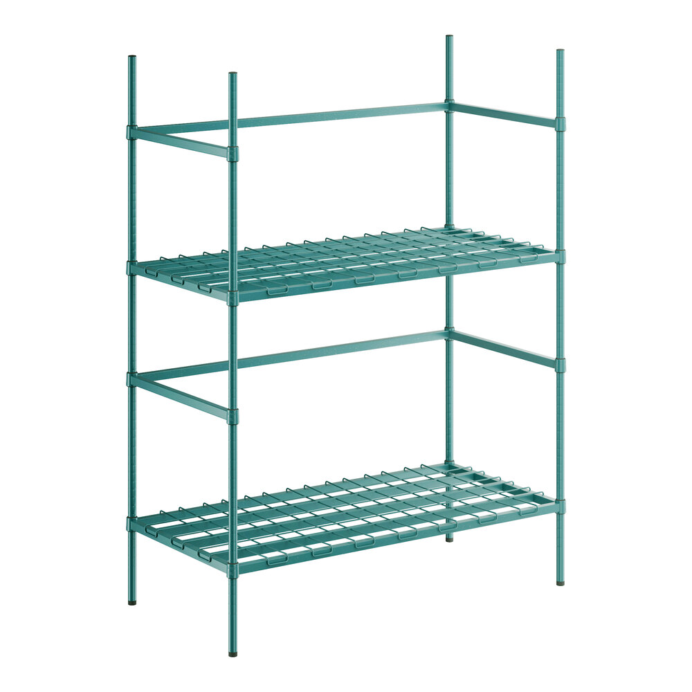 A green metal Regency keg rack with shelves.