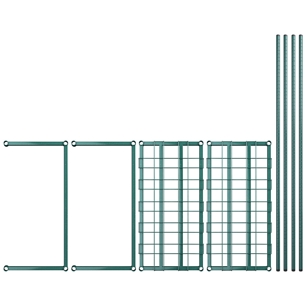 A close-up of a green metal frame with metal grid shelves and four metal bars.