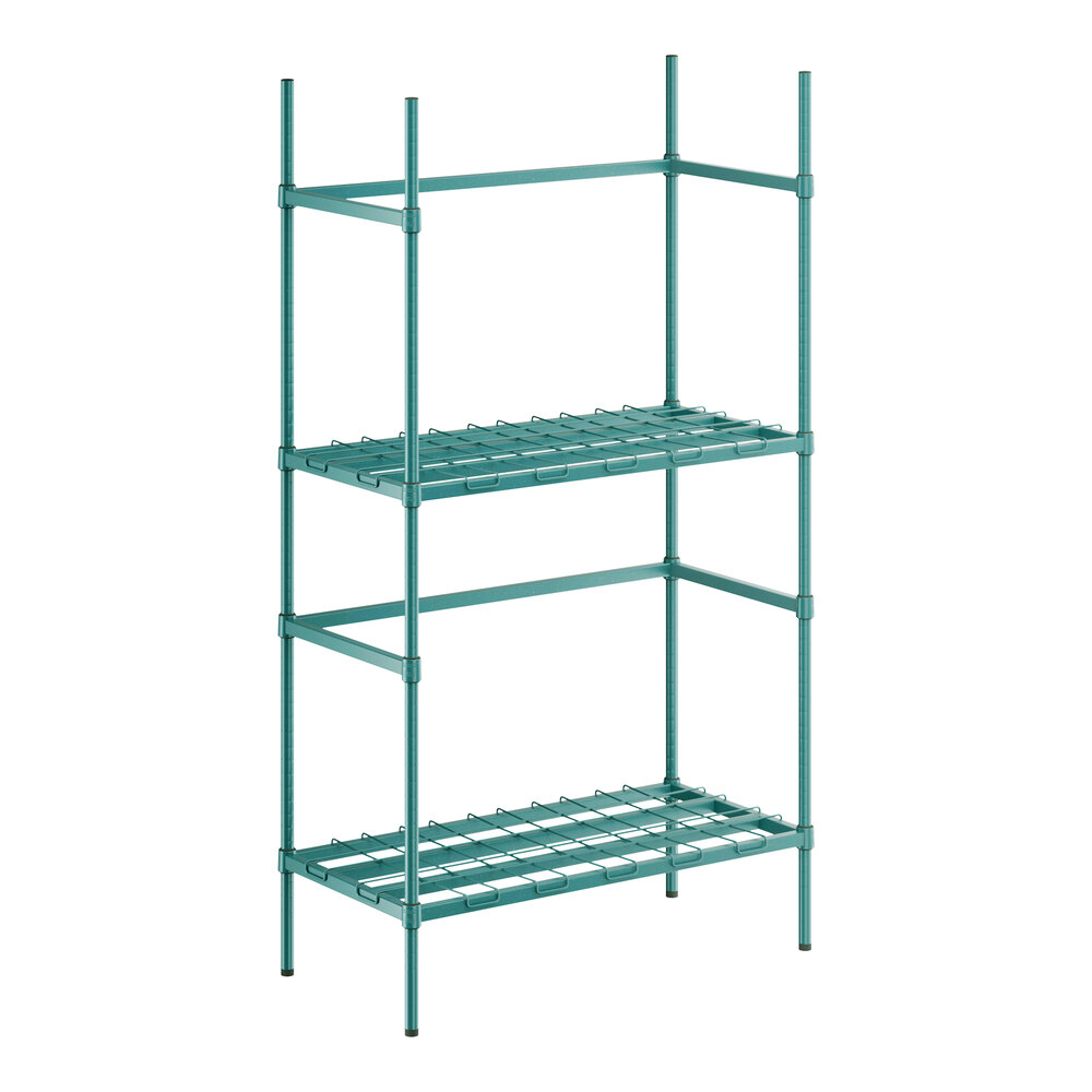 A green metal Regency keg rack with shelves.