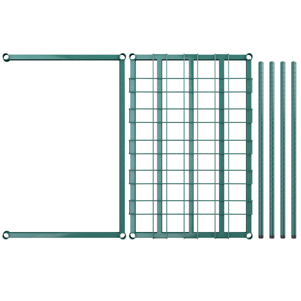 A green metal grid shelf with several rods.