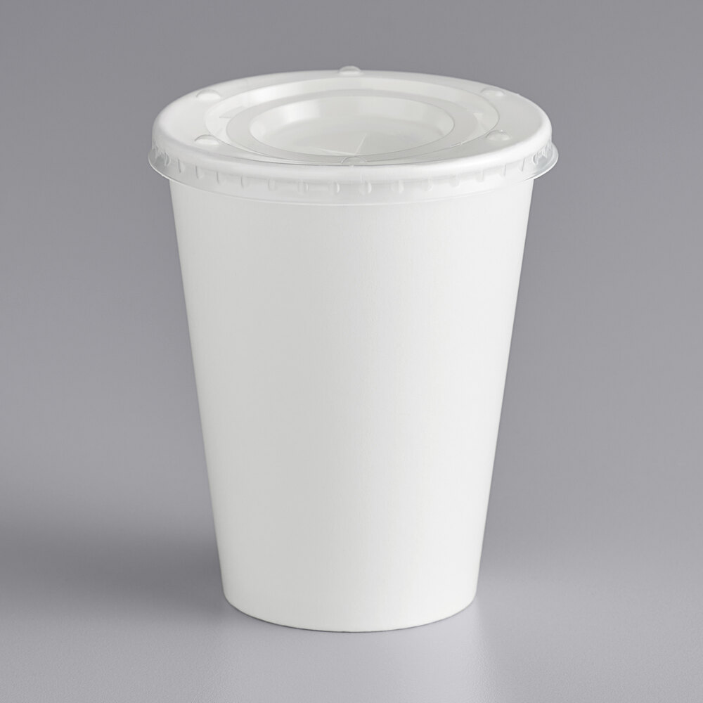 Choice 12 oz. White Poly Paper Cold Cup and Flat Straw Slot Lid 100/Pack