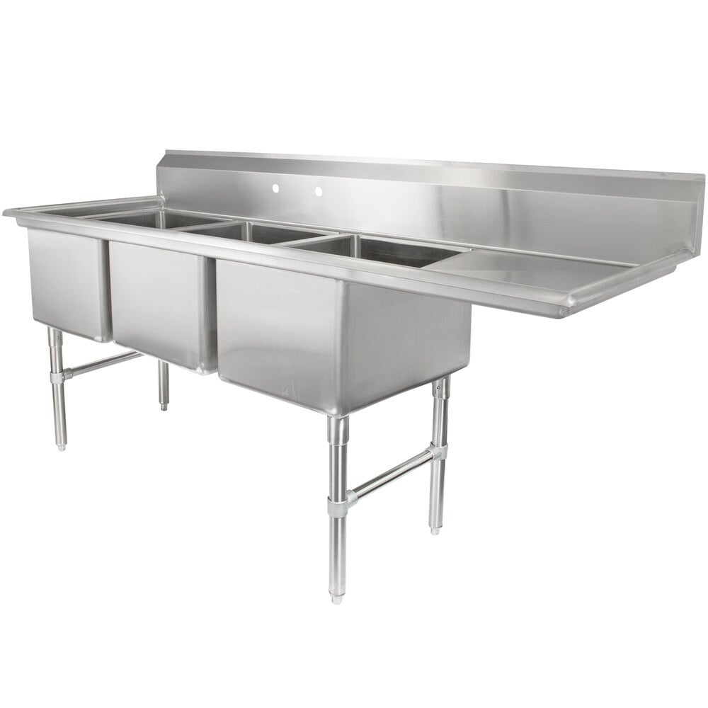 Regency 84 1/2 inch 16-Gauge Stainless Steel Three Compartment Commercial Sink with 1 Drainboard - 18 inch x 24 inch x 14 inch Bowls - Right Drainboard