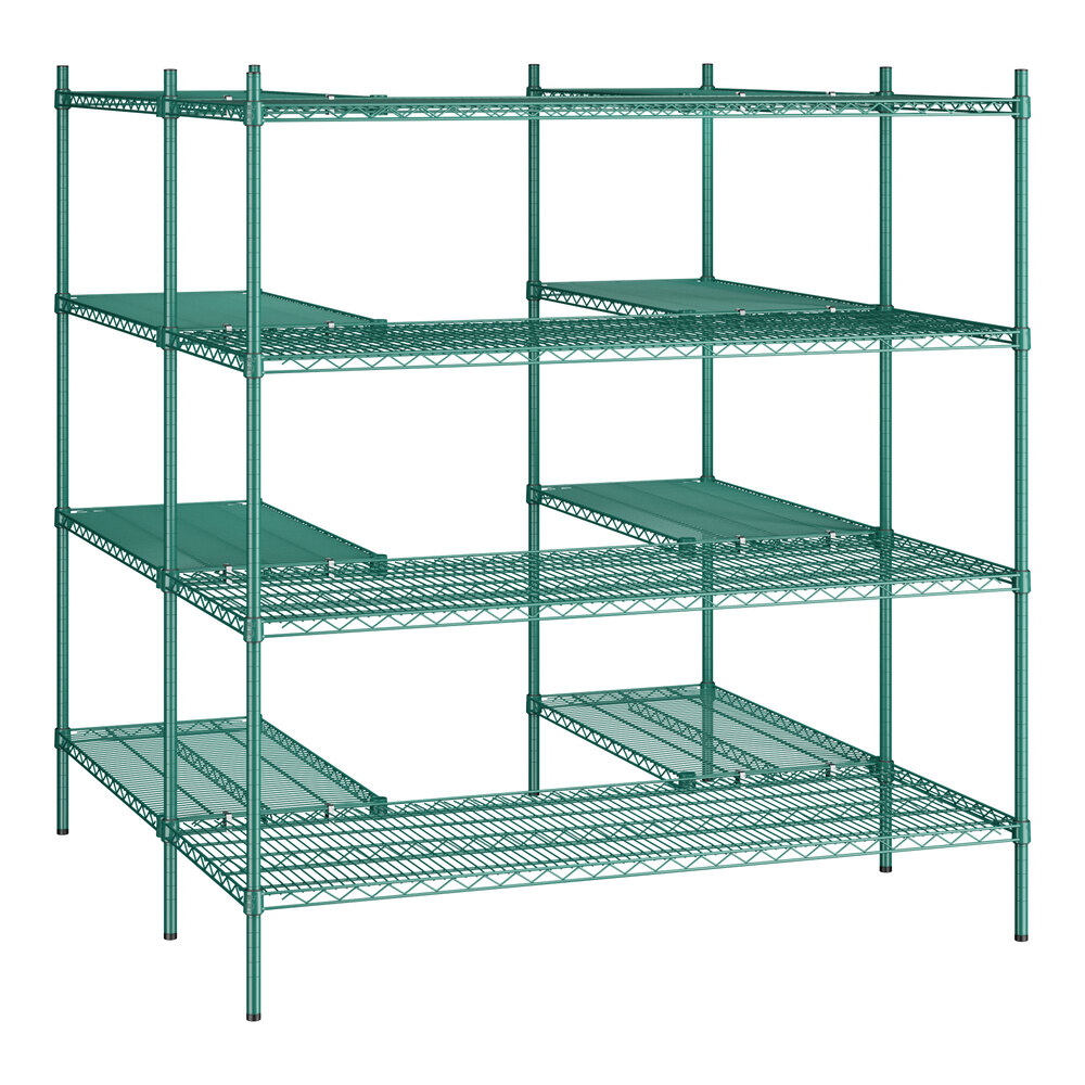 A green epoxy-coated 4-tier wire shelving unit kit designed for walk-in storage, featuring S-hooks for assembly.