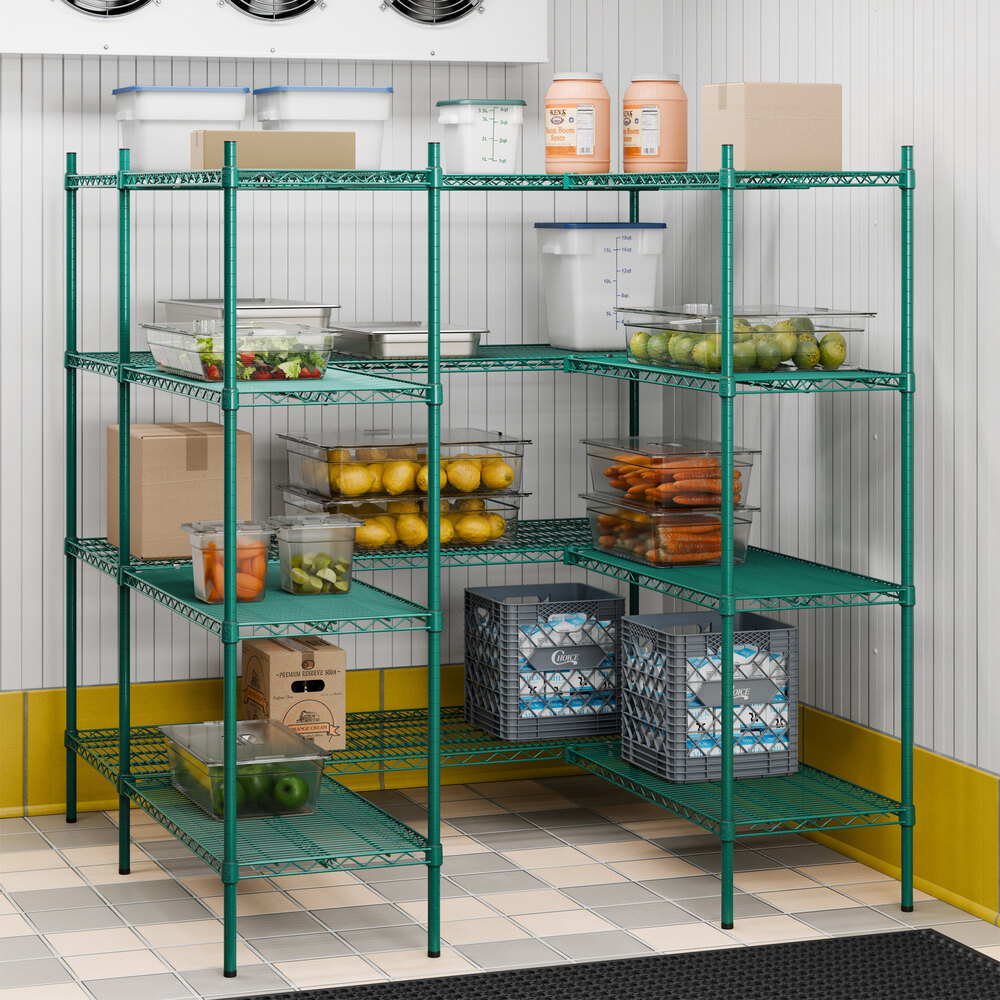 A green epoxy-coated 4-tier shelving unit kit with S-hooks, designed for walk-in storage and holding various food containers and boxes.