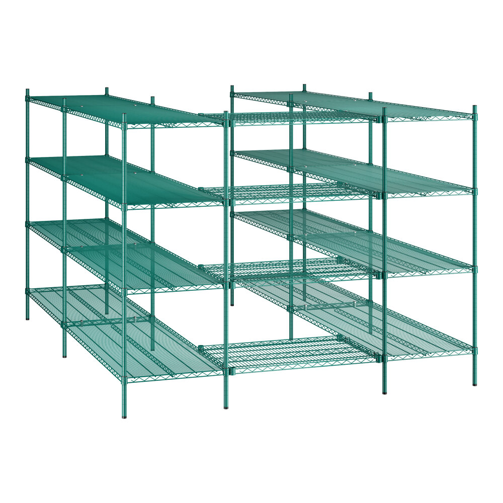 A green epoxy-coated, four-tier walk-in shelving unit kit with S-hooks designed for storage organization.