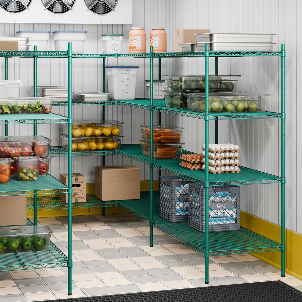 A green epoxy 4-tier shelving unit kit with S-hooks, stocked with various food items and containers, designed for walk-in storage.