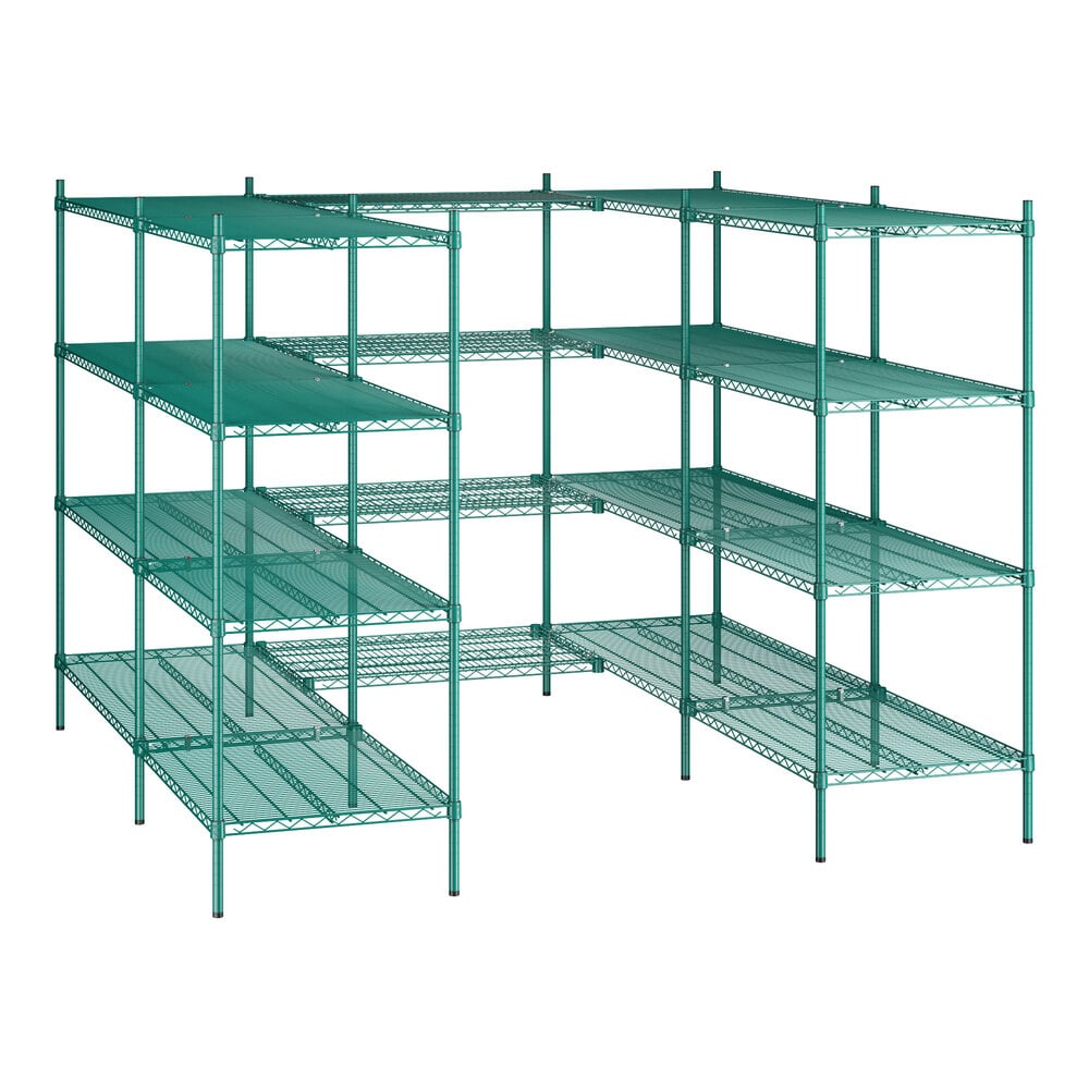 A green epoxy-coated, four-tier wire shelving unit kit designed for walk-in storage spaces.