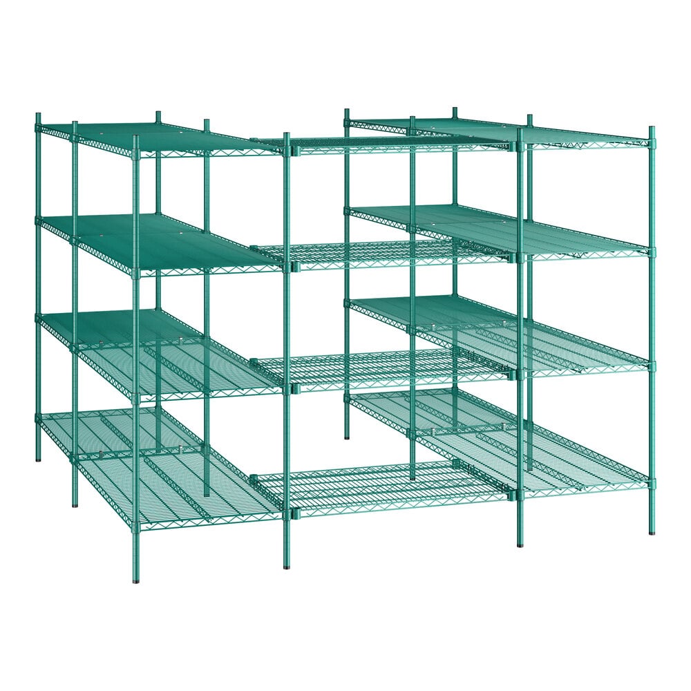 A green epoxy-coated, four-tier wire shelving unit kit designed for walk-in storage spaces.