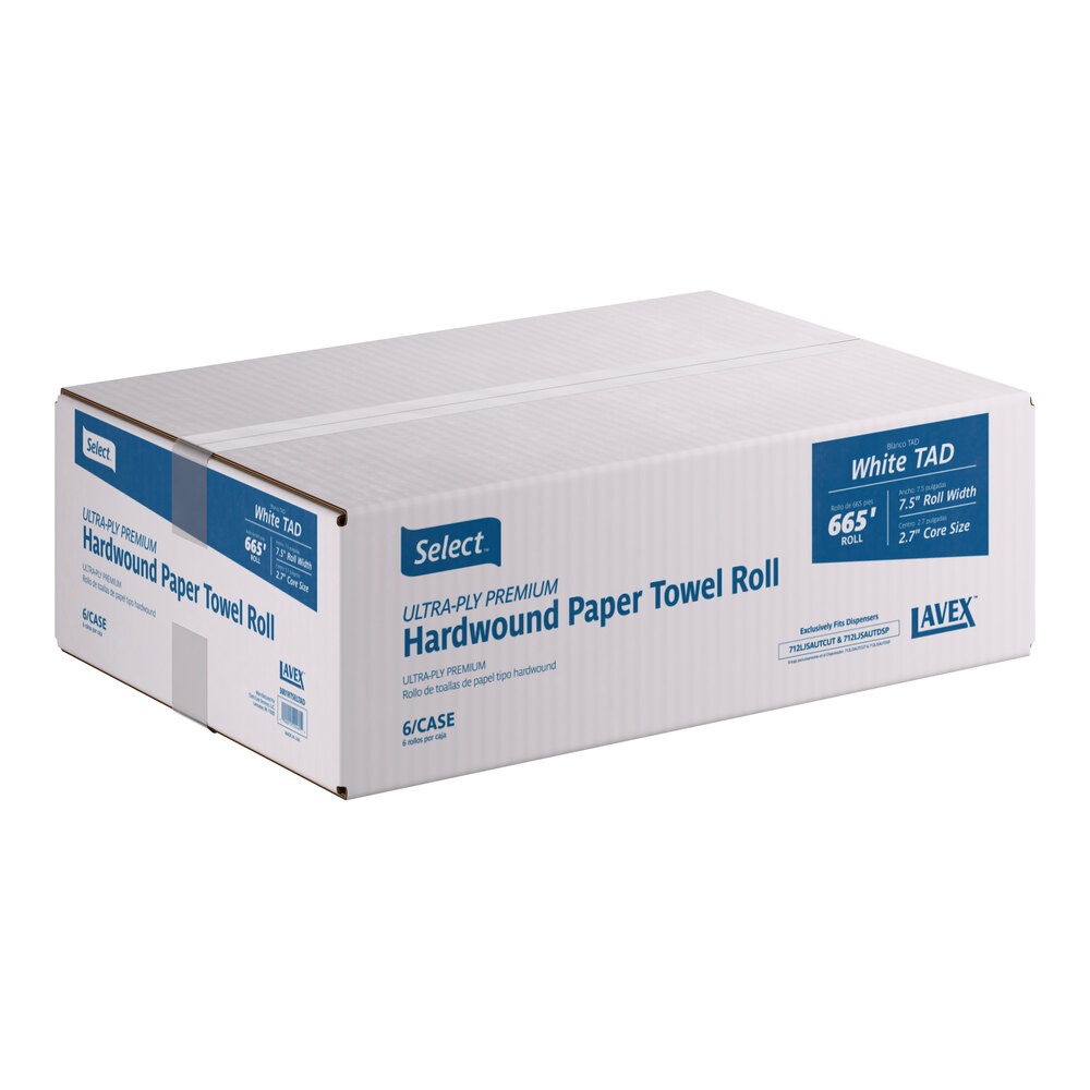 Select 1-Ply White (TAD) Paper Towel Roll, 665 Feet / Roll - 6/Case