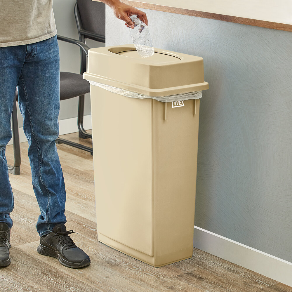 23 Gallon Beige Slim Rectangular Trash Can with Drop Shot Lid
