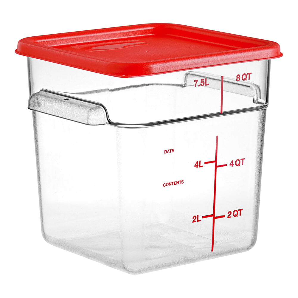 Vigor 8 Qt. Clear Square Polycarbonate Food Storage Container and Red Lid - 6/Pack