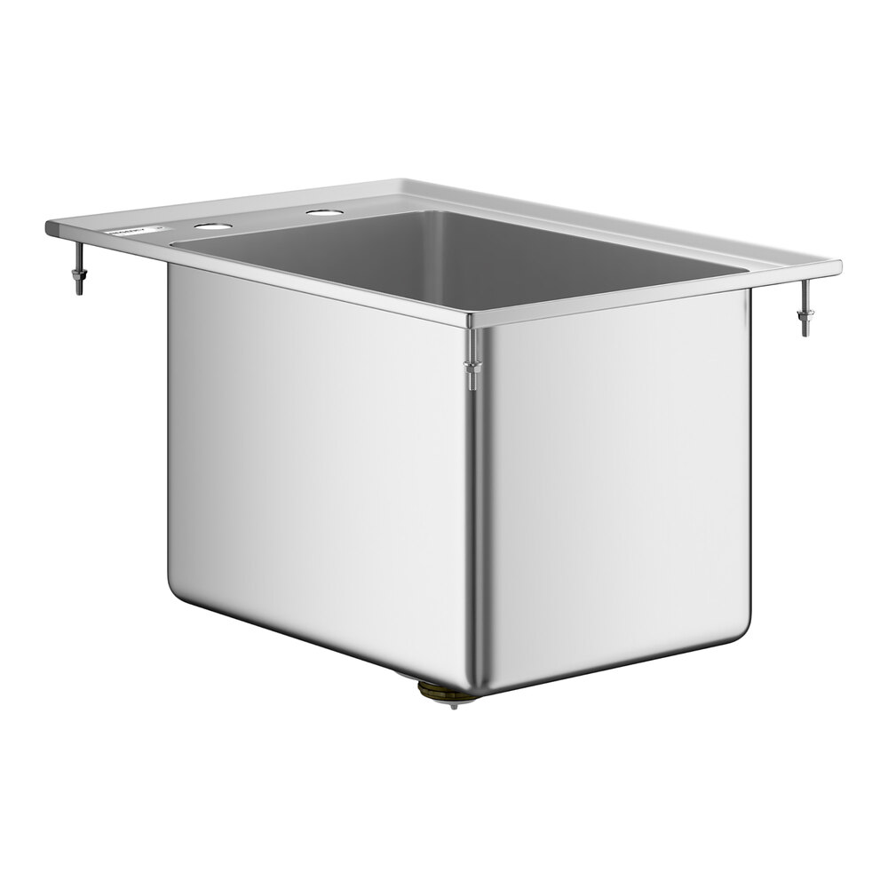 A stainless steel, single-compartment drop-in sink with three faucet holes and a deep rectangular basin.