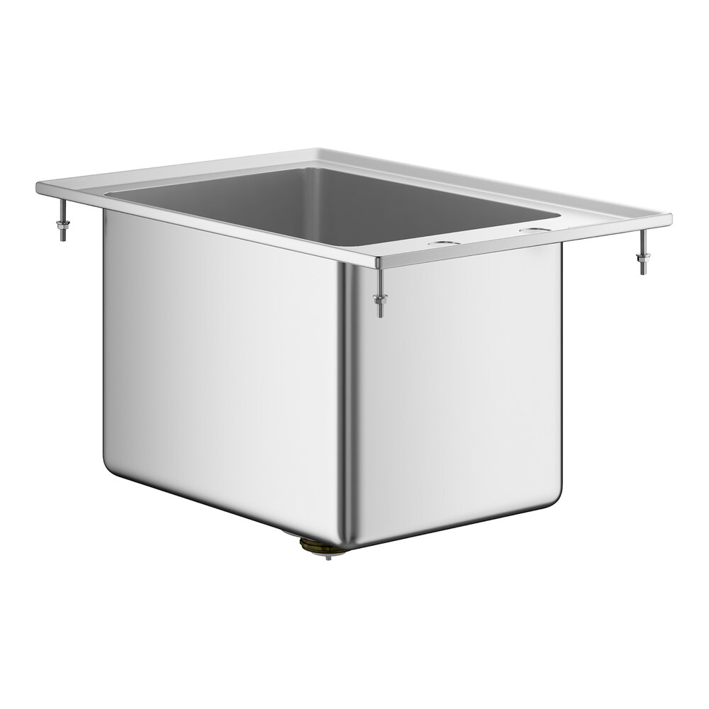 A stainless steel, single-compartment drop-in sink with a rectangular shape and mounting hardware visible at the corners.
