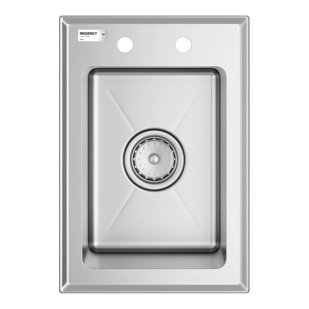 A rectangular stainless steel sink with a single deep basin and two faucet holes on the back edge.