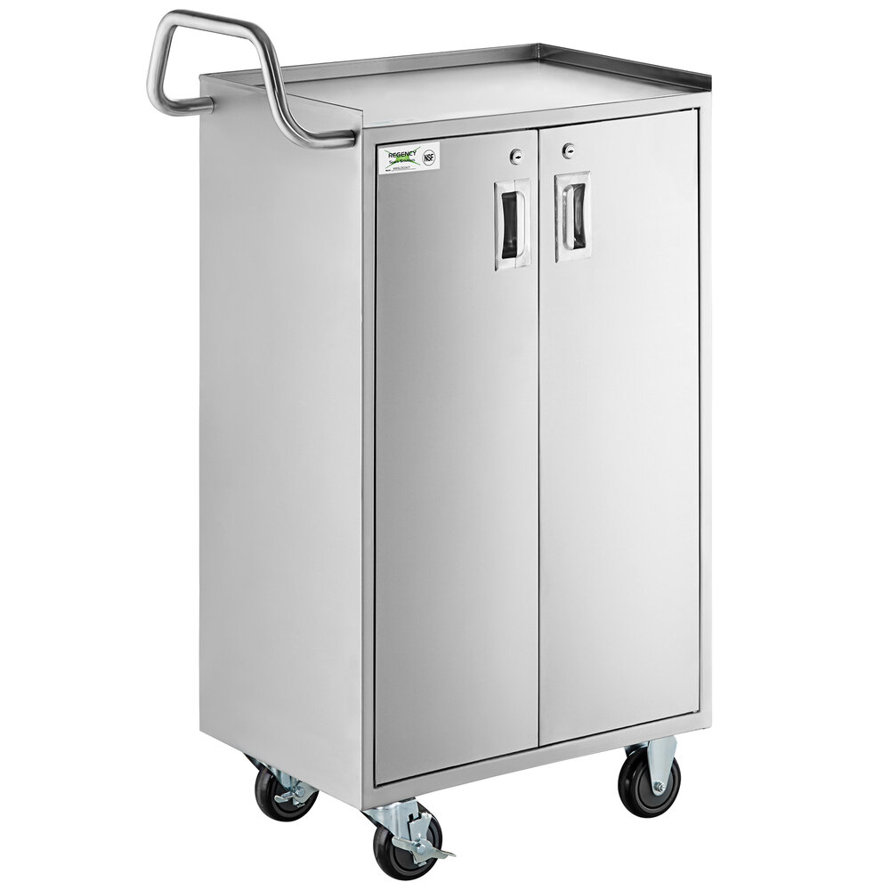 Regency 16 inch x 24 inch Five Shelf 18-Gauge 304 Stainless Steel Utility Cart with Enclosed Base and Locking Doors