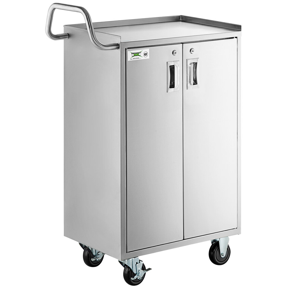 Regency 16 inch x 24 inch Four Shelf 18-Gauge 304 Stainless Steel Tall Utility Cart with Enclosed Base and Locking Doors